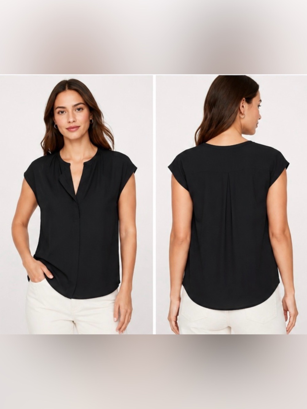 Banana Republic Blouse Sz M Tall Black Split Neck Top Cap Sleeve workwear summer